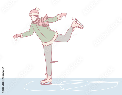 A cheerful figure gracefully ice skating elegantly across a frozen surface, embodying the spirit of winter fun