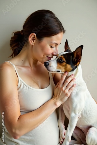 A serene scene of a mother and her newborn child sharing a loving moment with a loyal Jack Russell Terrier by their side , bond, pet, love
