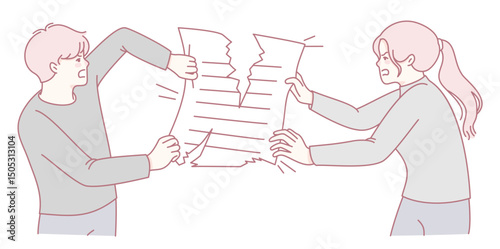 An illustration of two people pulling a torn paper, symbolizing conflict and disagreement in communication