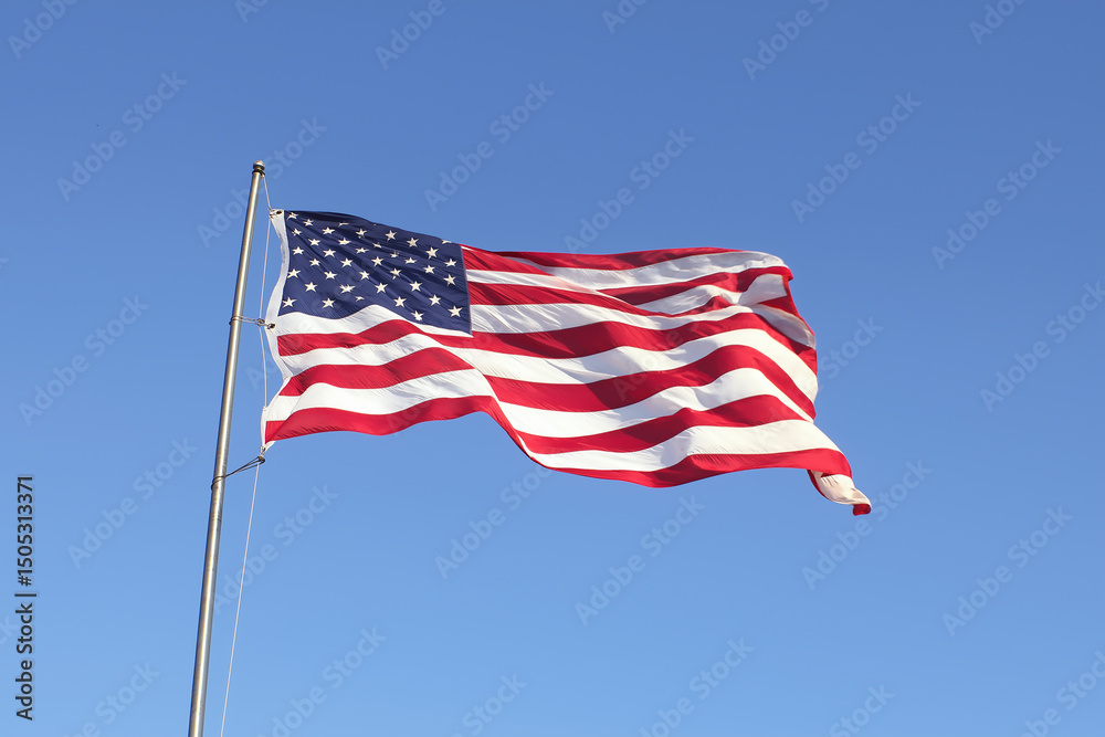 Obraz premium American Flag Fluttering: A vibrant image of the United States flag gracefully waving in the wind against a clear, azure sky, symbolizing freedom and national pride.