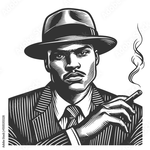 serious man in a fedora and sunglasses, confidently smoking a cigar like a mob boss sketch engraving generative ai fictional character vector illustration. Scratch board imitation. Black and white.