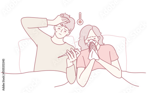 A cozy and heartwarming illustration showcases a couple feeling unwell, seeking comfort in each others warm presence