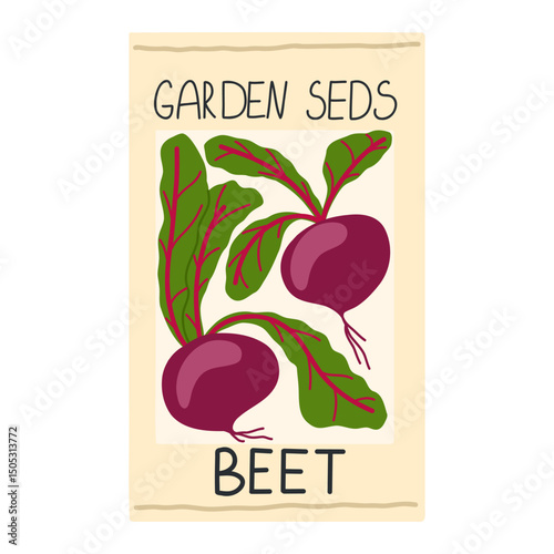 Purple beet garden seed package vector illustration. Whole raw sweet red beet image isolated on white background. Ripe root vegetable with beet greens on top packaging design