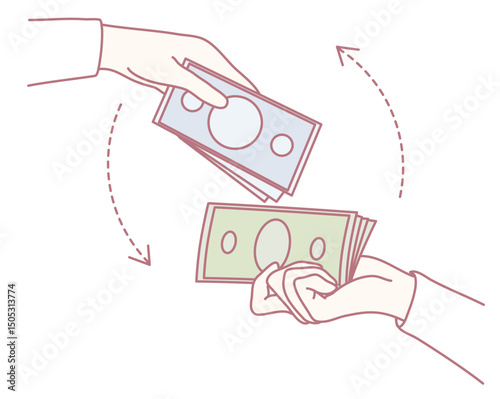 An illustration that visually depicts the exchange of money occurring between two hands in a transaction