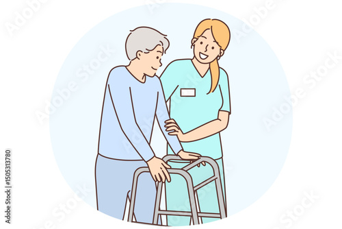 Woman caring for elderly human leaning on stilts for people with disabilities