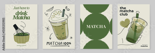 Matcha drinks poster design vector set. collection wallpaper with matcha latte, purematcha, hot green tea, bamboo whisk. Illustration for promotion, marketing, package, ads.