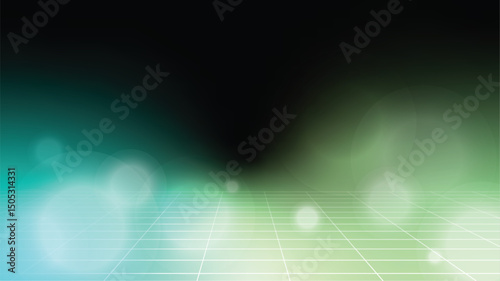 Ethereal Green and Blue Gradient Bokeh Light and Grid background in Black Fade