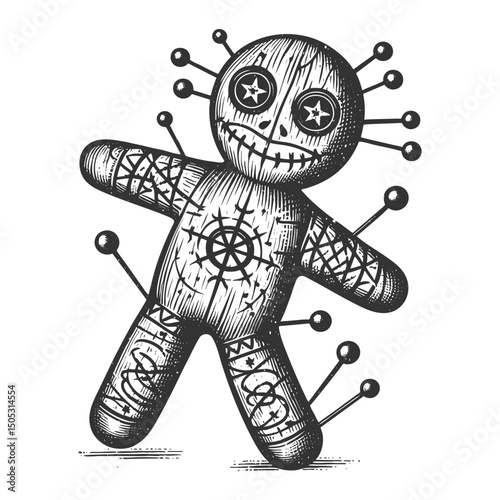 Voodoo Doll sketch engraving generative ai fictional character vector illustration. Scratch board imitation. Black and white image.
