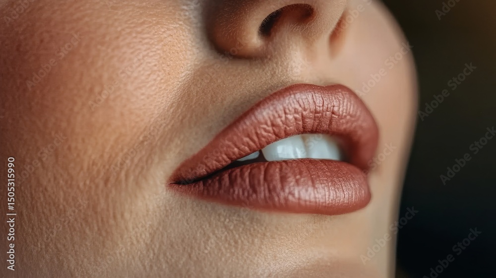 Naklejka premium Close-up Of A Woman s Lips With Brown Lipstick. Beauty, Fashion, And Cosmetics Concept.