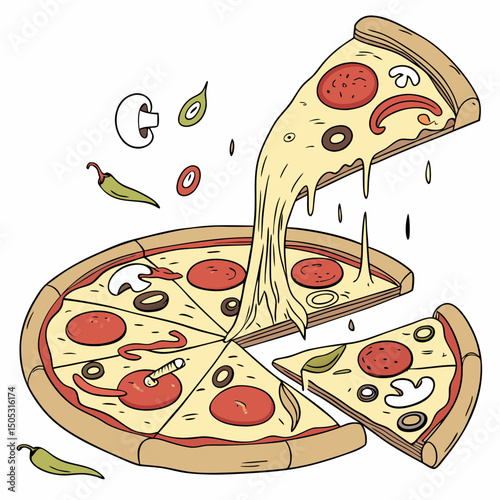 Realistic full-body vector illustration of a delicious whole pizza, perfect for food-related designs, menus, ads, and micro stock marketplaces.