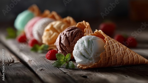 
/imagine prompt: A row of delicious ice cream cones in waffle cones, topped with colorful scoops of vanilla, chocolate, strawberry, and mint, arranged on a rustic wooden surface
