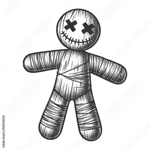 Voodoo Doll sketch engraving generative ai fictional character vector illustration. Scratch board imitation. Black and white image.