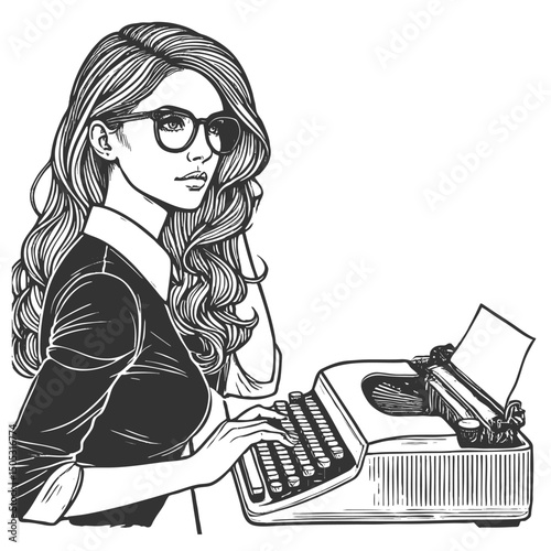 woman with long wavy hair and glasses, typing on a classic typewriter in a professional setting sketch engraving generative ai vector illustration. Scratch board imitation. Black and white image.