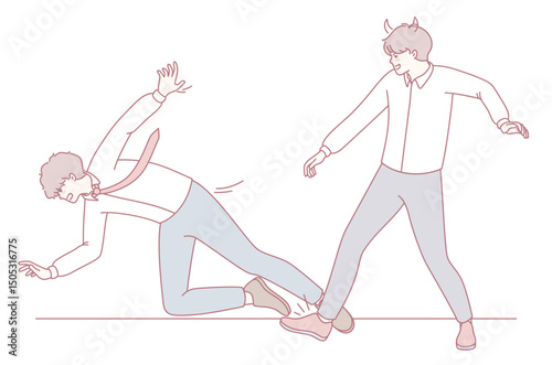 A simplistic and minimalistic depiction of a humorous conflict, where one character is tripping another in style