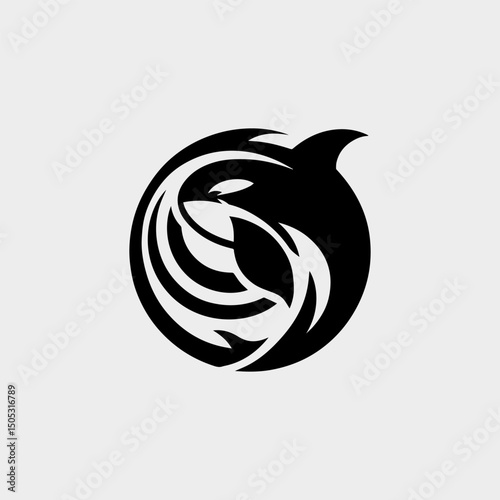 Fluid circular surf logo combining whale silhouette with crashing wave for extreme water sports branding