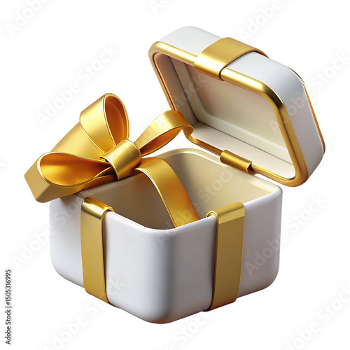 Elegant white gift box with gold ribbon and bow open ready for a special celebration