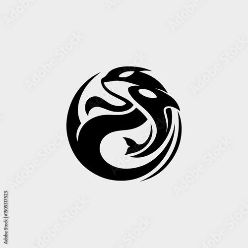 Bold whale and surf wave fusion in circular emblem symbolizing power and fluidity of ocean sports