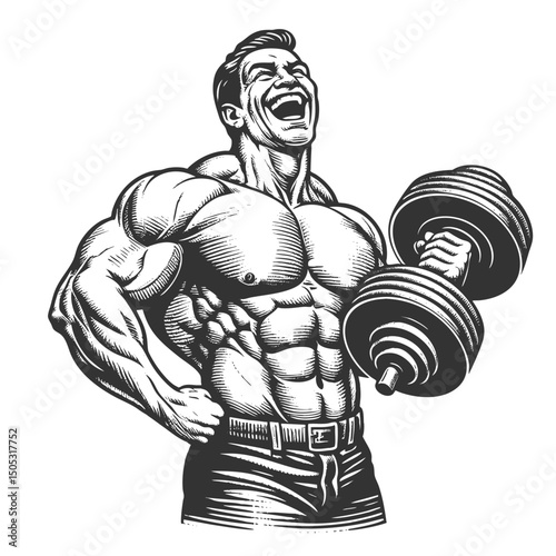 muscular man with exaggerated physique, holding a dumbbell and laughing sketch engraving generative ai fictional character vector illustration. Scratch board imitation. Black and white image.