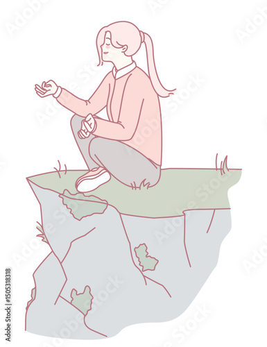 A serene illustration of a person meditating on a high cliff, embodying tranquility and deep reflection