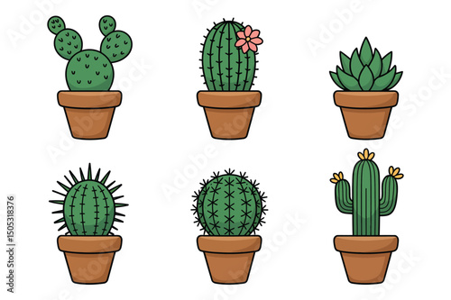 Handdrawn Set of Cacti in a Flower Pot Sketch, Cactus plant. Cartoon decorative exotic succulent, tropical desert plant. Illustration of mexican cactus, cacti exotic