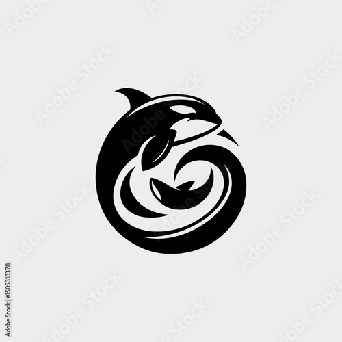 Bold whale and surf wave fusion in circular emblem symbolizing power and fluidity of ocean sports