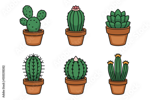 Handdrawn Set of Cacti in a Flower Pot Sketch, Cactus plant. Cartoon decorative exotic succulent, tropical desert plant. Illustration of mexican cactus, cacti exotic