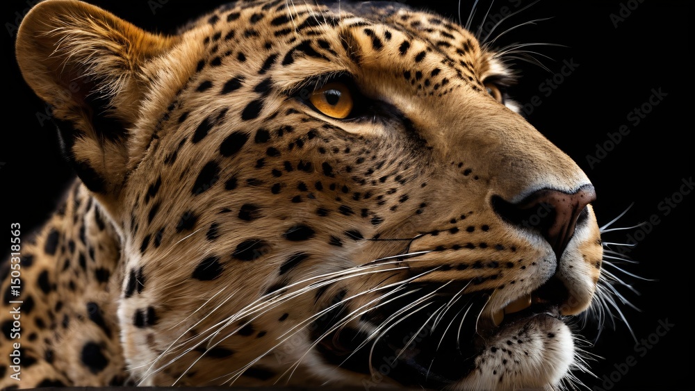 Obraz premium Close-Up Portrait of A Majestic Leopard on a Black Background, Detailed headshot of a leopard showcasing its striking eyes and vibrant fur against a plain black background