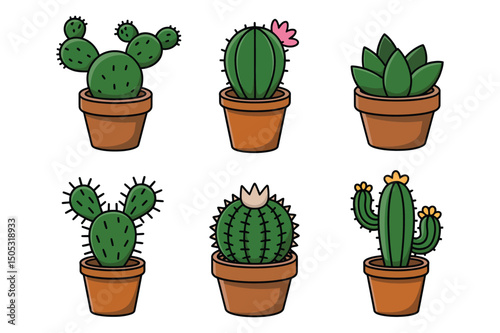 Handdrawn Set of Cacti in a Flower Pot Sketch, Cactus plant. Cartoon decorative exotic succulent, tropical desert plant. Illustration of mexican cactus, cacti exotic
