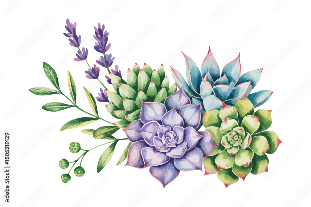 Fototapeta premium Green colorful succulent bouquets vector design objects. Eucalyptus selection, echeveria, herbs, various plants and leaves. Natural greenery set. All elements are isolated and editable