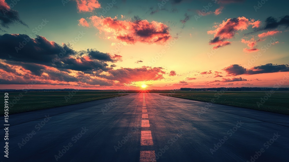 Naklejka premium Perspective view of an asphalt ramp leading into a blazing sunset horizon