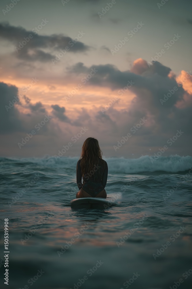 Fototapeta premium Surfer gazing at the sunset while sitting on a surfboard amidst gentle ocean waves and clouds