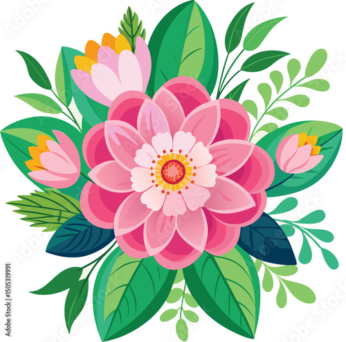 Vibrant pink flower bouquet illustration with lush green foliage and delicate pink accents