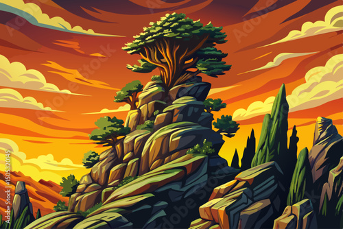 View of Idyllic landscape in the Alps, tree, grass and mountains illustration background