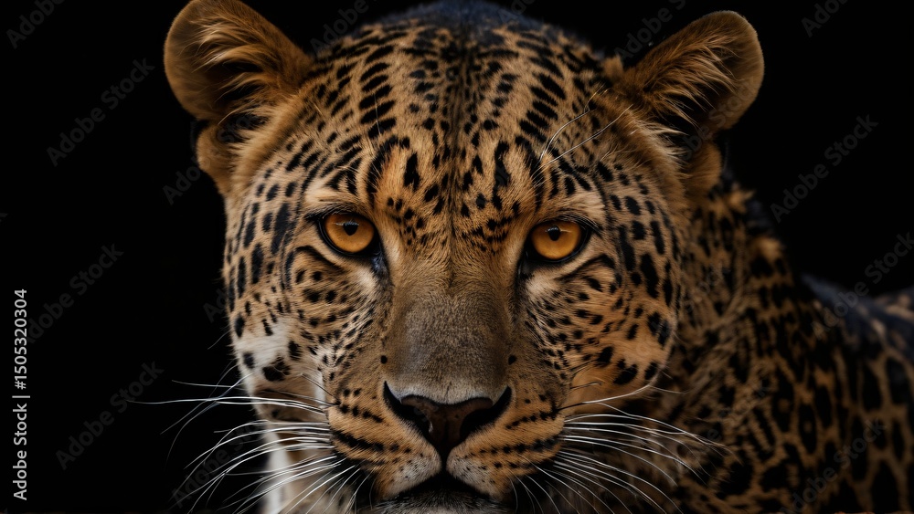 Naklejka premium Close-Up Portrait of a Leopard With Intense Gaze and Vibrant Fur. set against a stark contrasting black background.