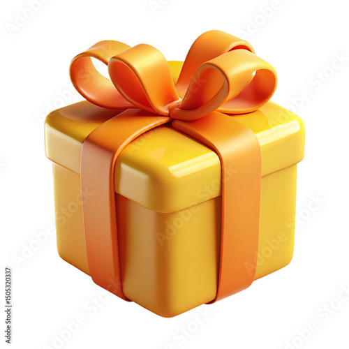 Glossy 3d render of a bright yellow gift box with an orange ribbon and bow
