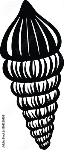 Stylized black and white illustration of a seashell with intricate details