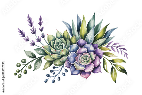 Green colorful succulent bouquets vector design objects. Eucalyptus selection, echeveria, herbs, various plants and leaves. Natural greenery set. All elements are isolated and editable