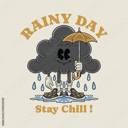 retro cartoon emblem of cute rain cloud mascot holding an umbrella