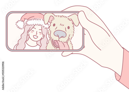 A cheerful girl happily takes a delightful selfie with her adorable furry friend, both in festive spirits