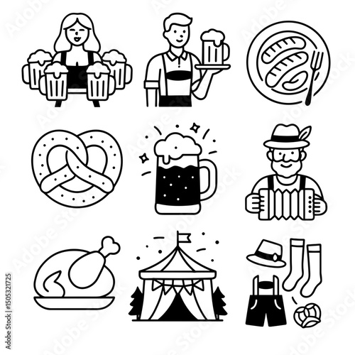 Octoberfest Beer festival icons including food, drinks, and entertainment elements  