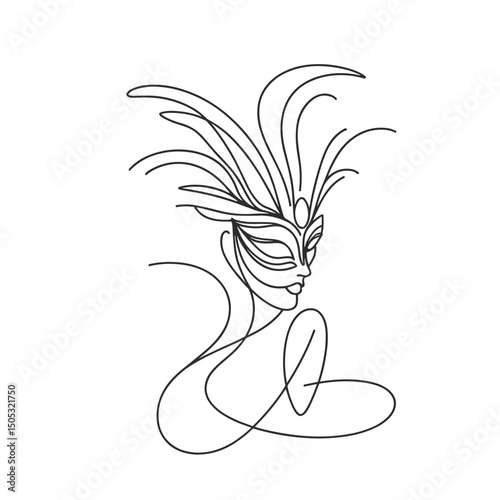 Minimalistic line drawing of a woman with a feathered mask, anonymous concept  