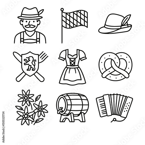 Oktoberfest symbols with man, beer barrel, pretzel, and floral accents  