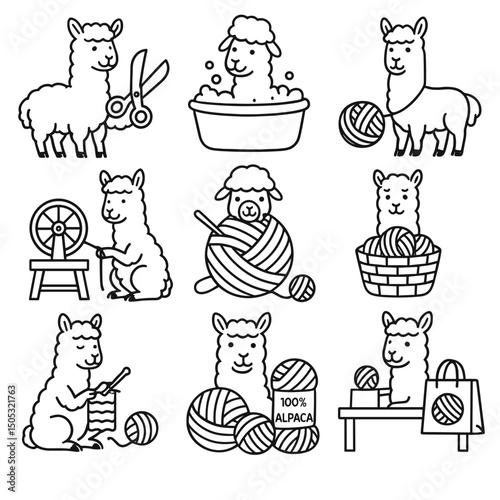 Alpacas engaging in various activities related to wool and yarn production, concept of vector icon  
