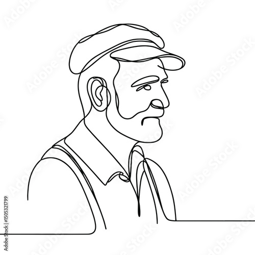 Line drawing of a vintage man wearing a cap in profile view, concept of vector icon  