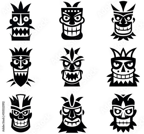 Tiki Mask Vector Icons Bundle – Tribal Polynesian Faces Collection