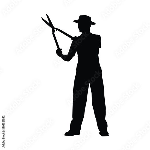 Silhouette of a gardener holding hedge shears, ready for trimming work