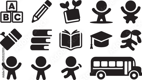 Black and white icons of educational symbols and playful children related elements