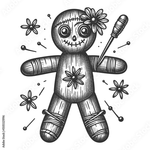 Voodoo Doll sketch engraving generative ai fictional character vector illustration. Scratch board imitation. Black and white image.