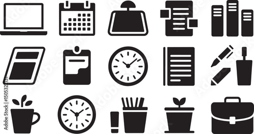 Black and white office and business icons illustrating daily work and productivity