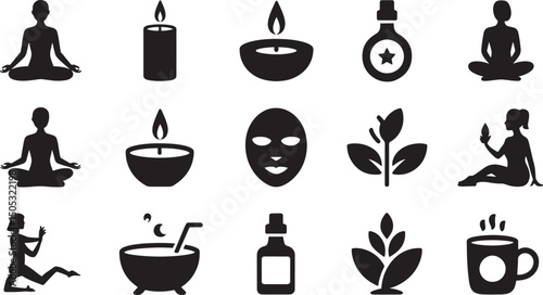 Black silhouette icons representing wellness spa relaxation yoga self care treatments
